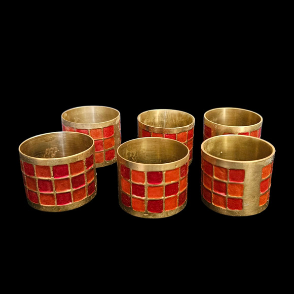 Vintage Brass & Red Enamel Napkin Rings Set 6 Mosaic Square Design Mid-Century - Picture 1 of 3